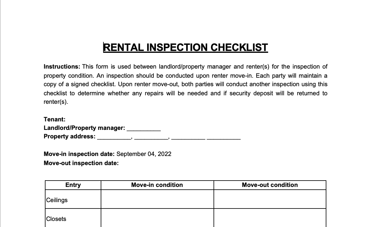 Rental Inspection Checklist (Pre-Move In Damage Report For Tenants To Fill Out)